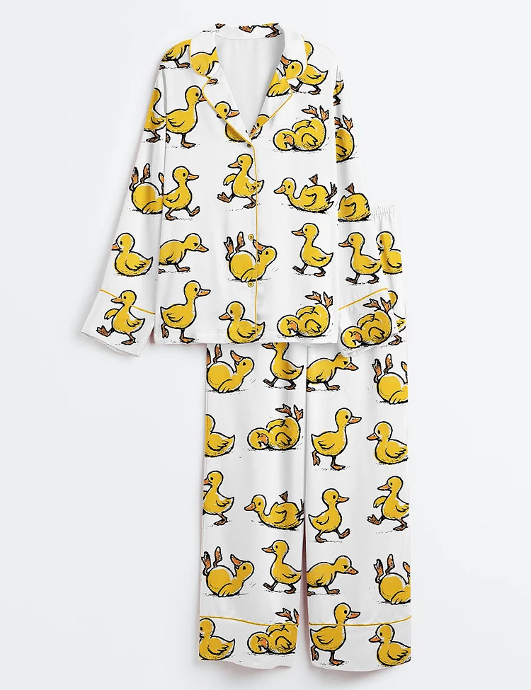 Women&rsquo;s Funny Ducks Not All In a Row Sarcastic Mental Health Cute Duck Long Sleeve Satin Pajama Set