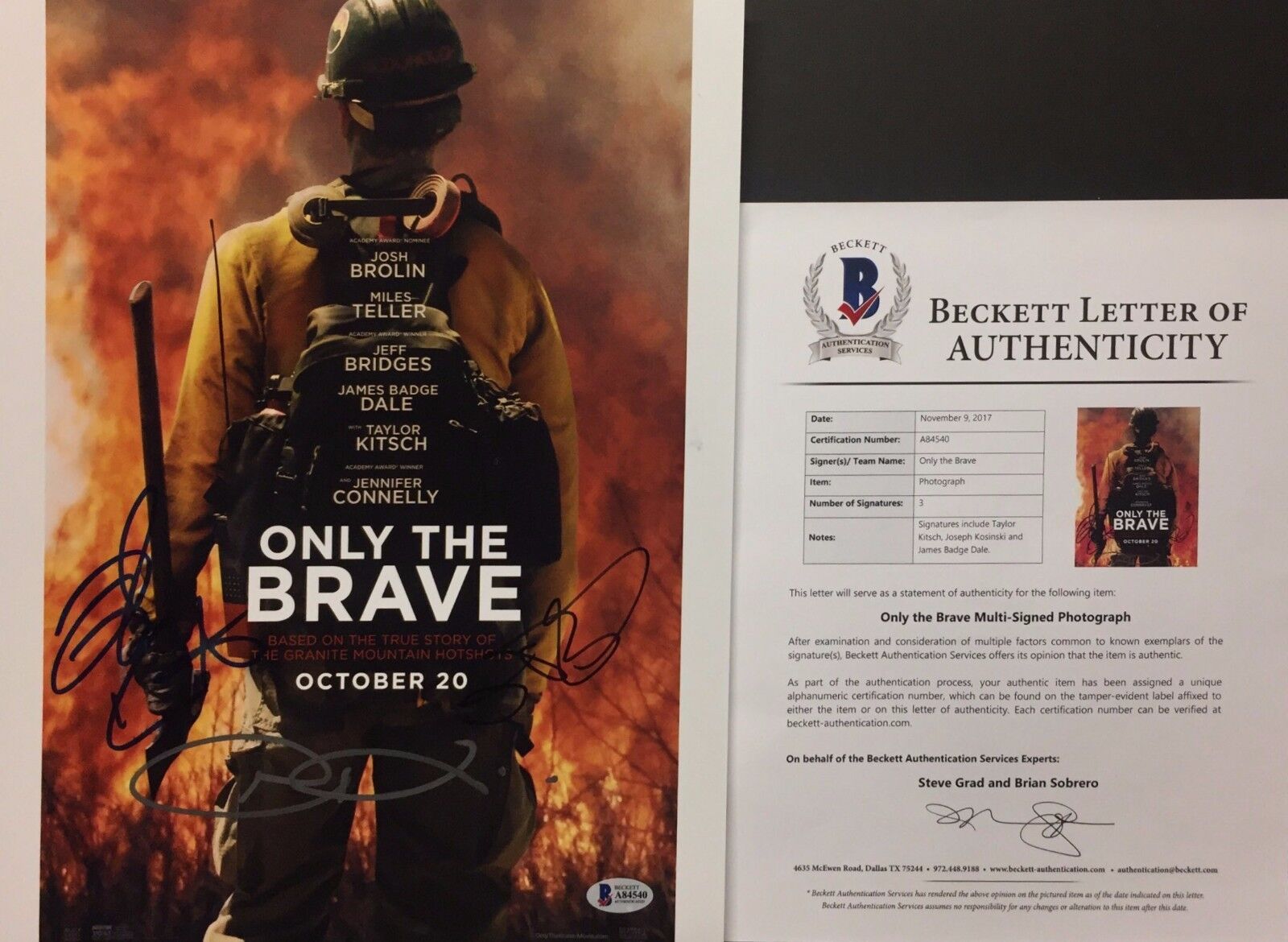 Taylor Kitsch Joseph Kosinski J Badge Dale Signed Only The Brave 11x14 Photo Poster painting BAS