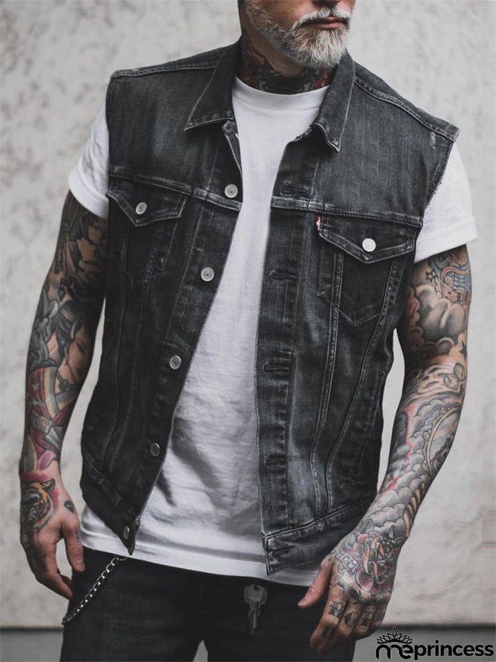 Black Punk Style Skull Flame Print Denim Vest for Men
