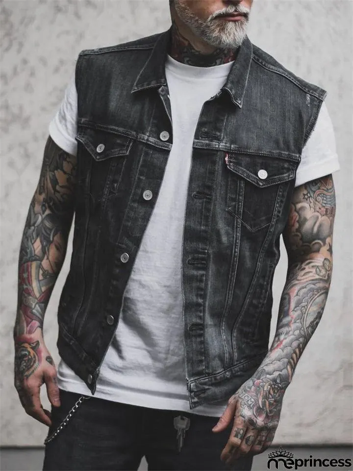 Black Punk Style Skull Flame Print Denim Vest for Men