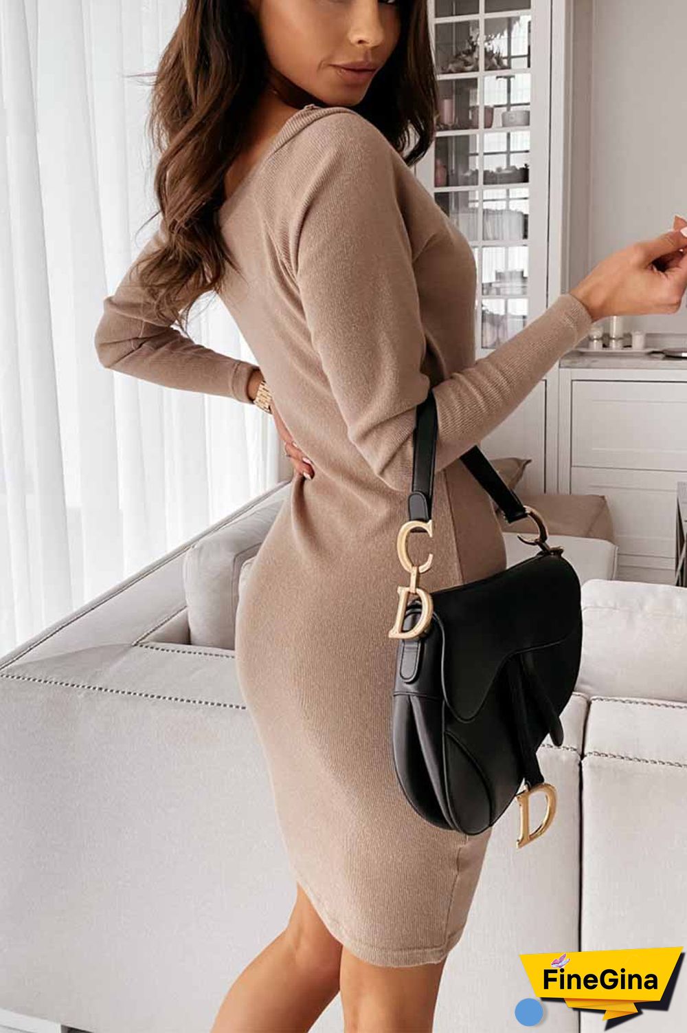 V-Neck Sexy Mocha Slim Fit Mini Dress