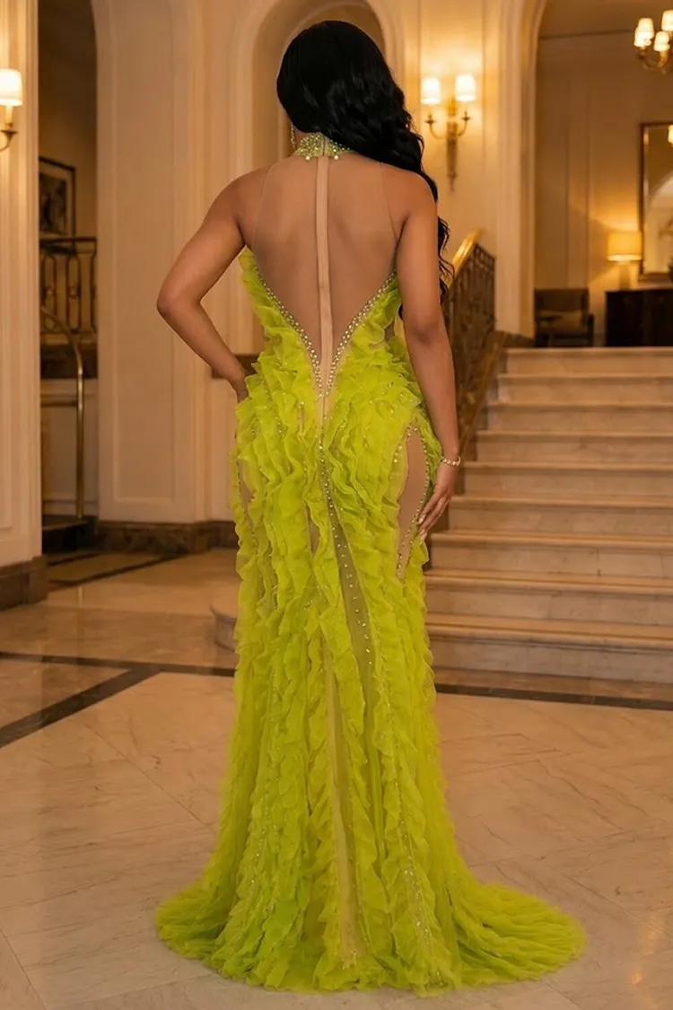 green gold dress illusion High Collar Rhinestone Waved Mesh Mermaid Party Maxi Dresses-Green colour illusions like the dress