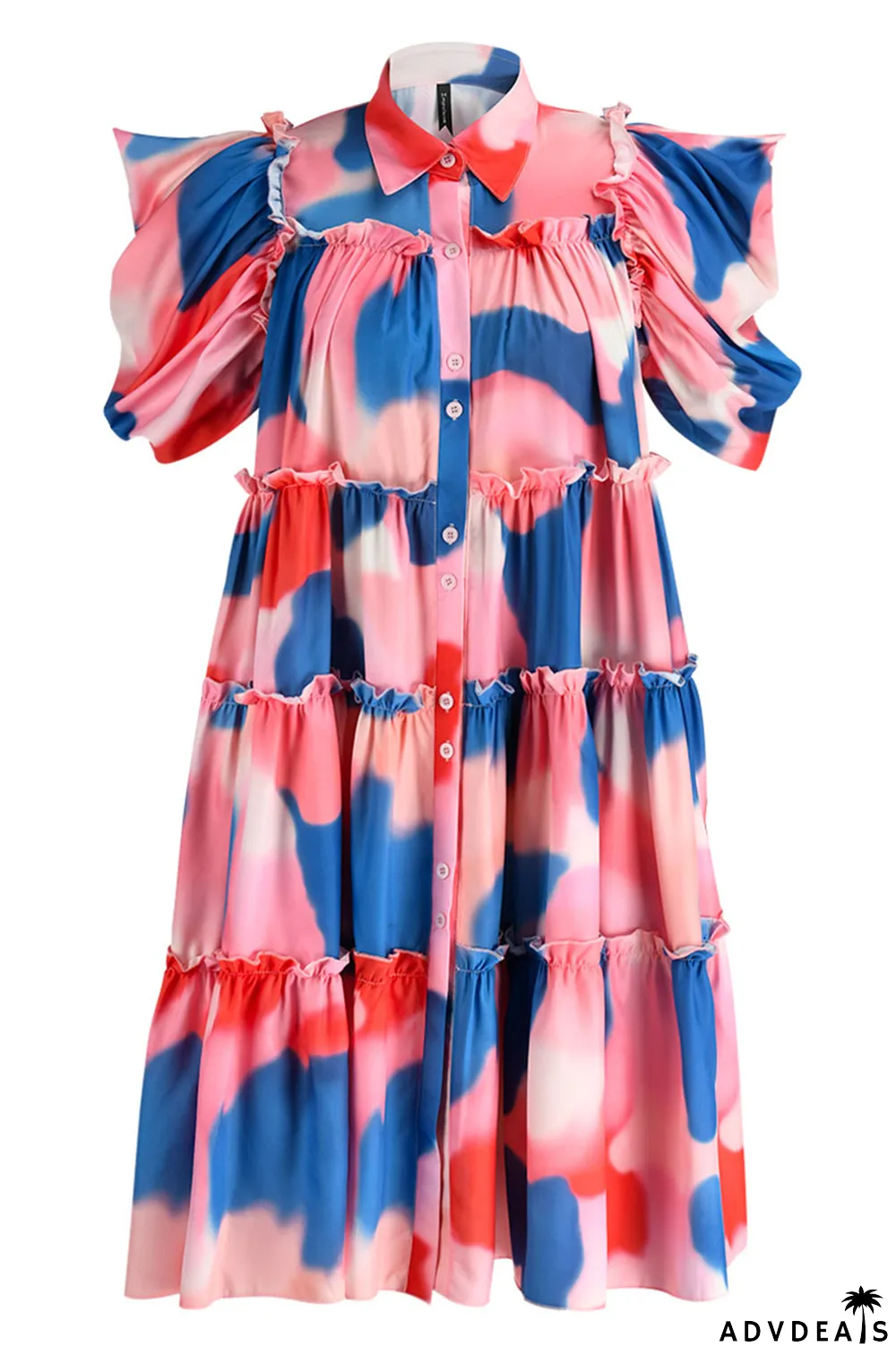 Pink Fashion Casual Print Patchwork Buckle Turndown Collar A Line Dresses