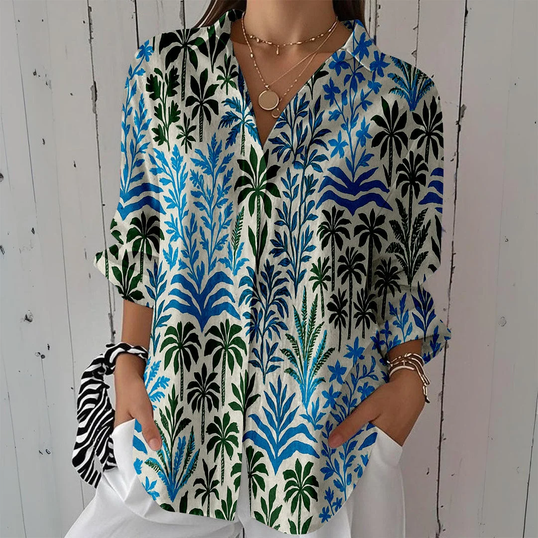 Style & Comfort for Mature Women Women Floral, Blue, Green DZCL0193 3/4 Sleeve Shirt Collar Printed Button Tops
