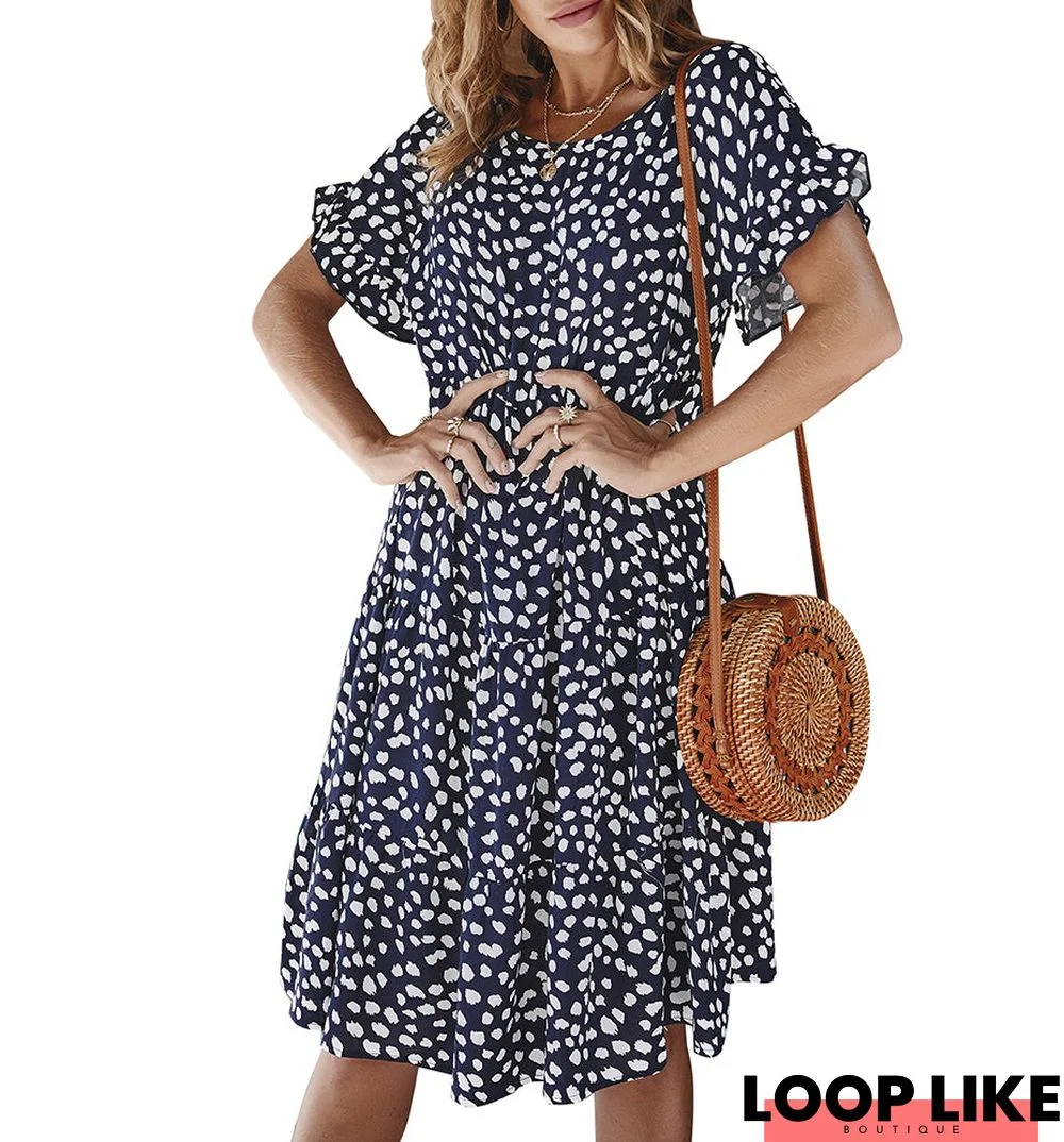 Floral Print Ruffle Short Sleeve Midi Dress