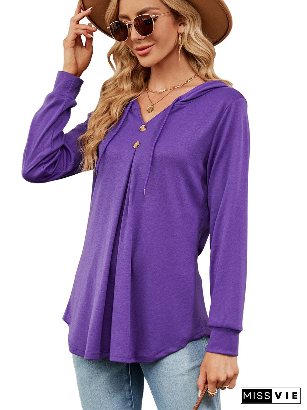 Women's Button V-Neck Long Sleeved Top