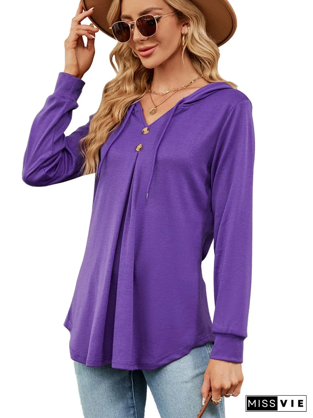 Women's Button V-Neck Long Sleeved Top