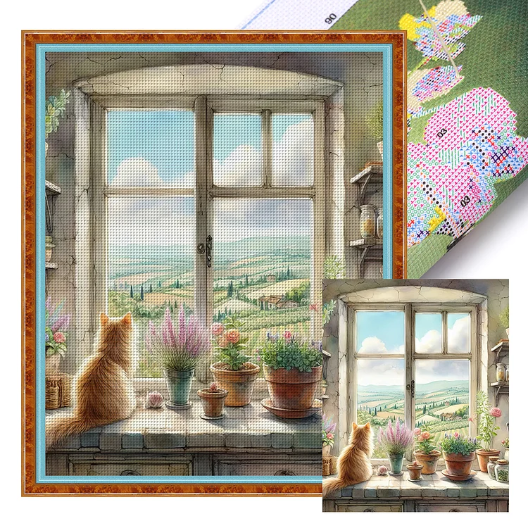 Cat And Flower On The Windowsill (40*50cm) 11CT Stamped Cross Stitch gbfke