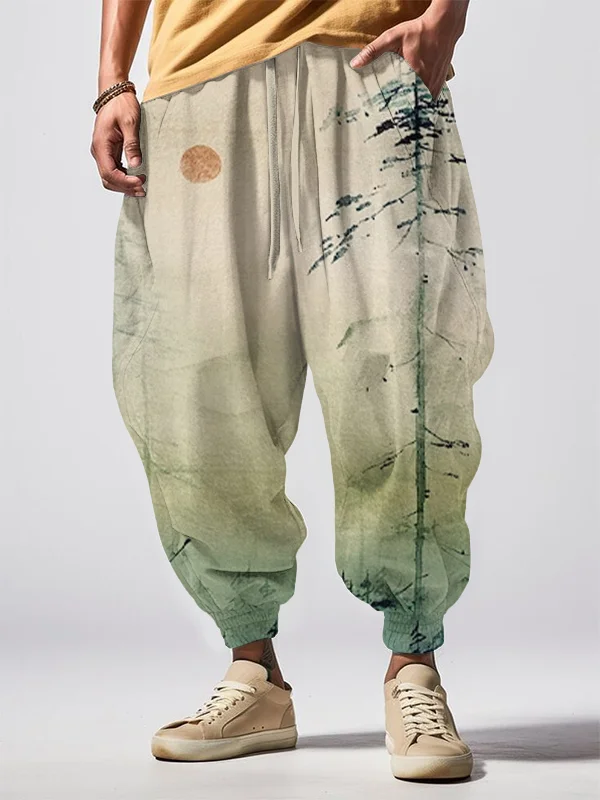 Men's Japanese Mountain Sunrise Painting Art Print Loose Drawstring Waist Sweatpants