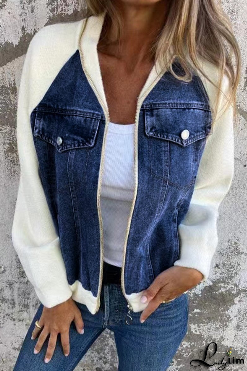 Casual Solid Color Patchwork Zipper Contrast Turndown Collar Outerwear(8 Colors)