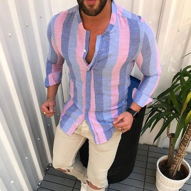 Men's Fashion Colorful Stripe Shirts Printed Casual Slim Fit Long Sleeve Square Collar Vacation Male Social Business Tops