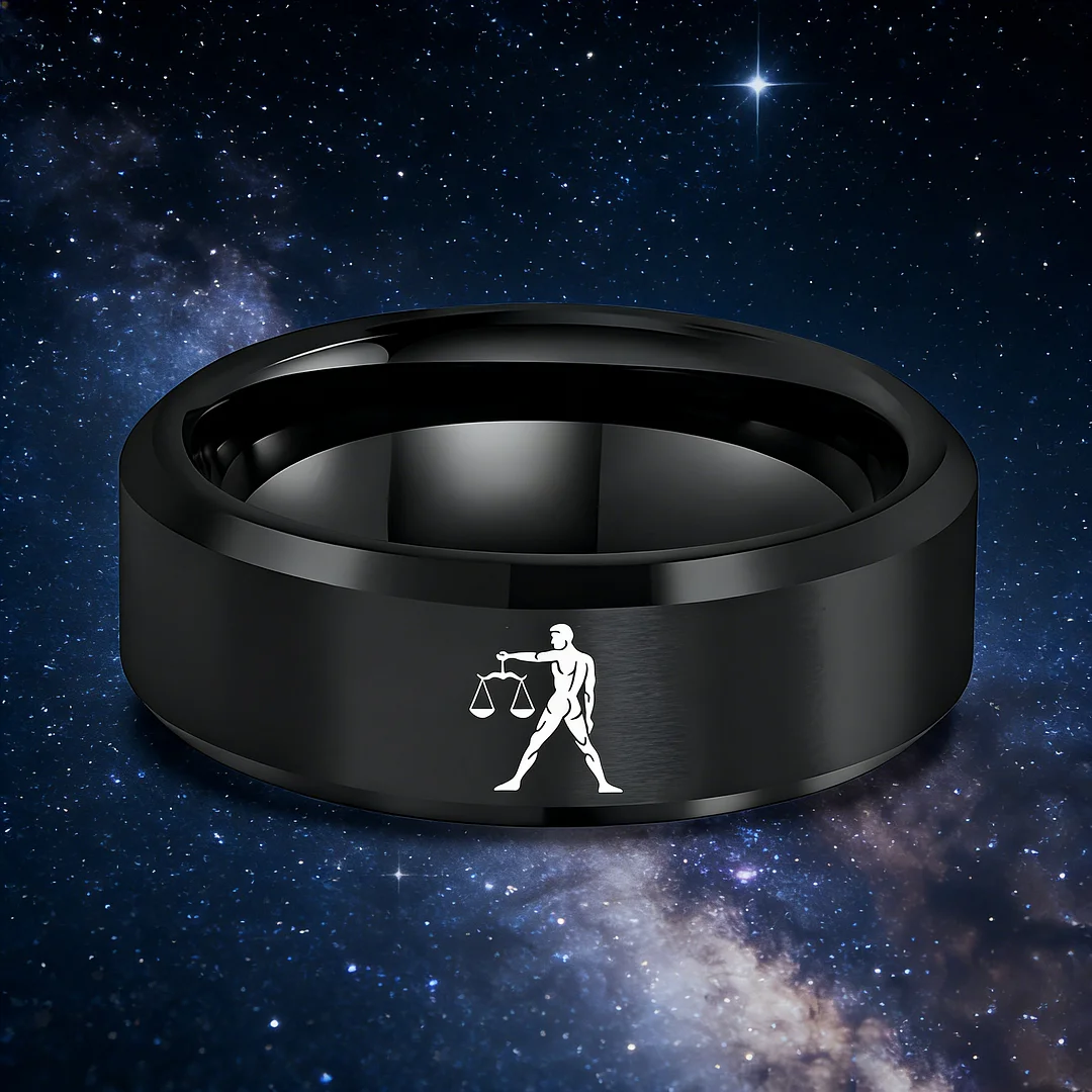 Black Libra Tungsten Carbide Rings Beveled Edges Black Laser Etched Couple Wedding Bands for Men and Women 4MM 6MM 8MM Width