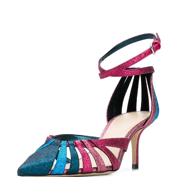 Magenta and Blue Ankle Strap Heels Hollow Out Pumps |FSJ Shoes