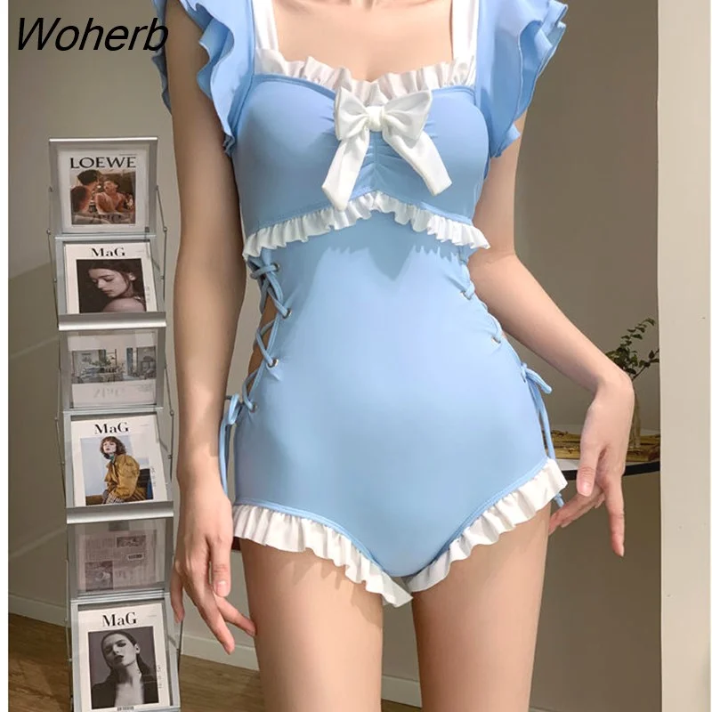 Woherb Girl Summer Sweet Bow Ruffles Patchwork High Waist Swimsuit Women Sexy Push Up Slim Beach Wear Bathing One Piece Swimwear