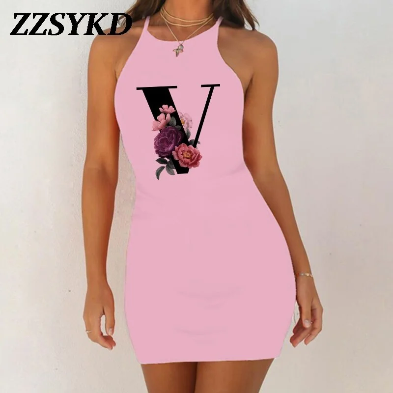 26 English Alphabet Print Summer Sexy Clothes Women Dresses 2020 Plus Size Dress Bodycon Evening Party O-Neck Pink Mini Vestidos