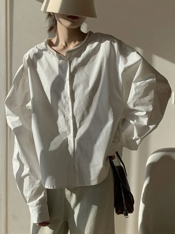 Athvotar Athvotar Spring Round Collar Single Buckle Pearl Necker Casual Striped Shirt Women Casual Ocean Sweet Top