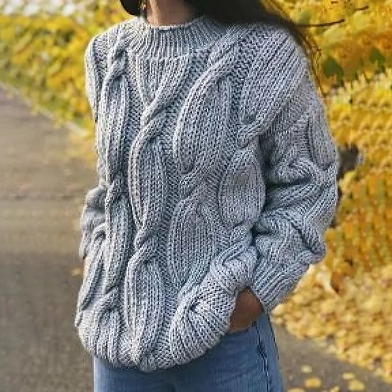 Women'S Vintage Chunky Jacquard Knit Crew Neck Sweater