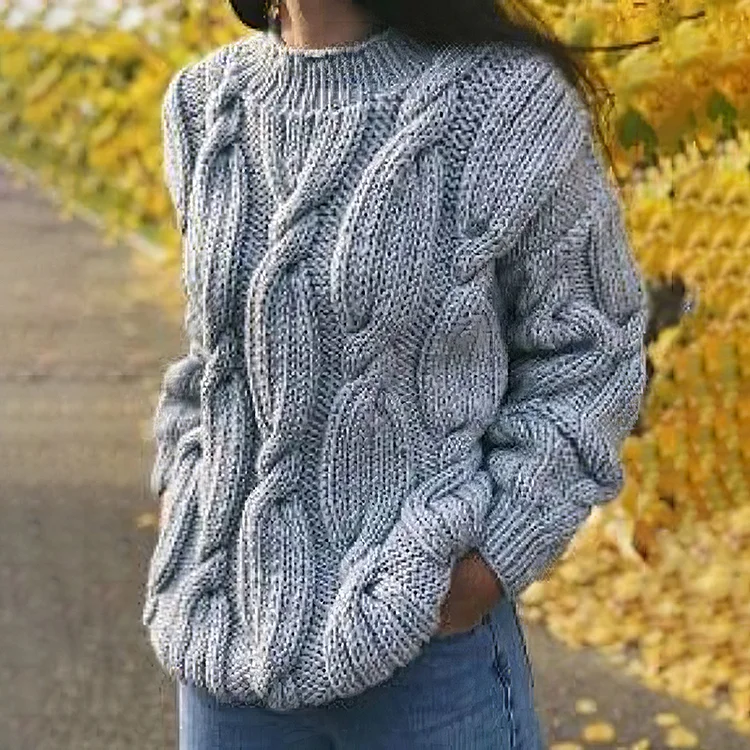 Women'S Vintage Chunky Jacquard Knit Crew Neck Sweater