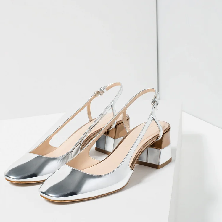 Escarpins à talons bloc pointus avec bride à la cheville en argent Flusfy