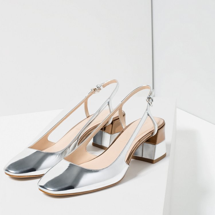 Women's Mirror Silver Block Heel Slingback Pumps |FSJ Shoes