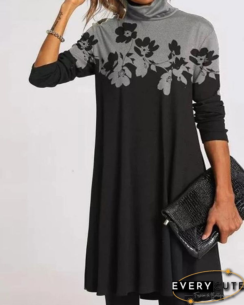 Casual Plus Size Color Block/Floral Tunic High Neckline Shift Dress