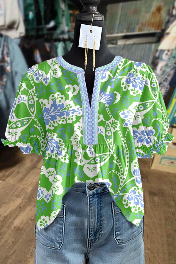Contrast Floral Print Embroidered Neck Puff Sleeve Top