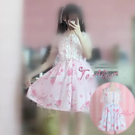 [Pink/Blue]Lolita Strawberry&Cherry Print Dress SP167103
