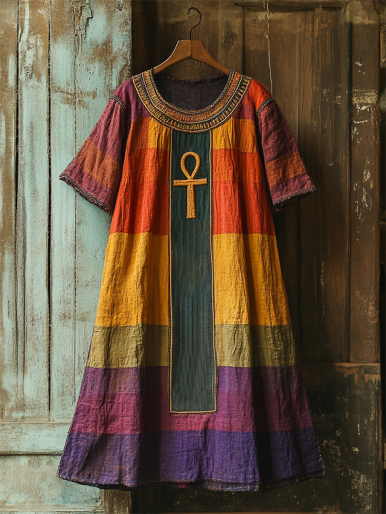 Vintage Rainbow Ankh Ancient Egyptian Embroidered Art Print Round Neck Loose Midi Dress