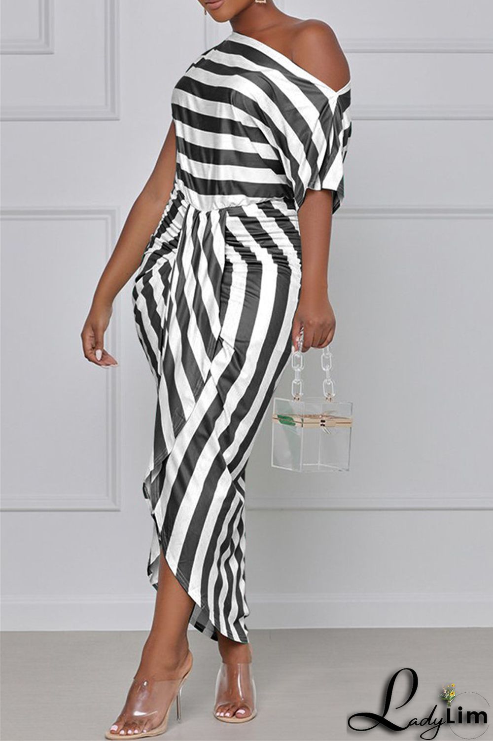 Black Fashion Casual Striped Print Asymmetrical Oblique Collar Short Sleeve Dress