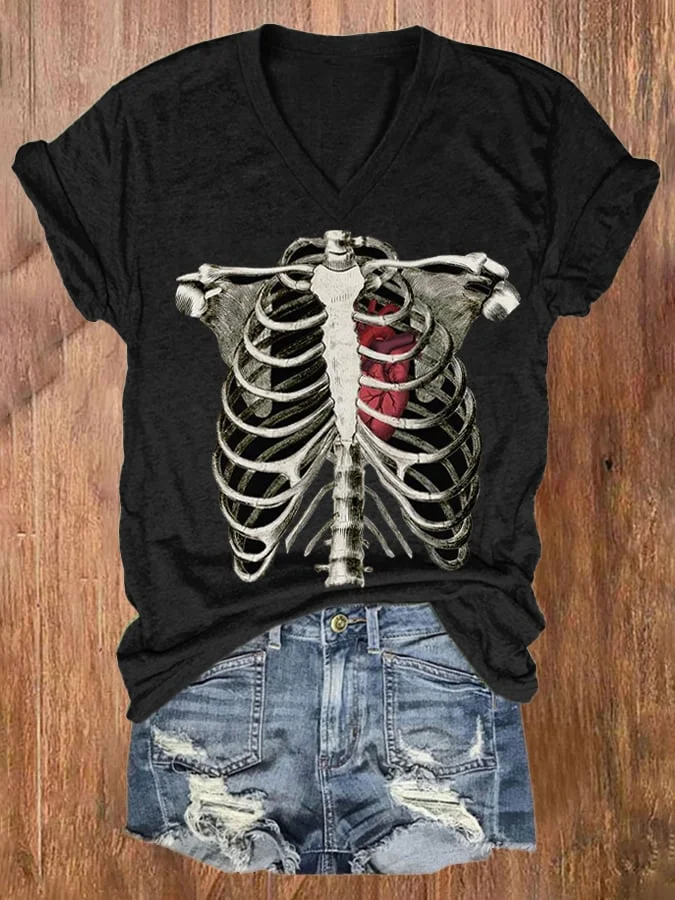 Women's Halloween Skull Print Round Neck Short Sleeve T-Shirt