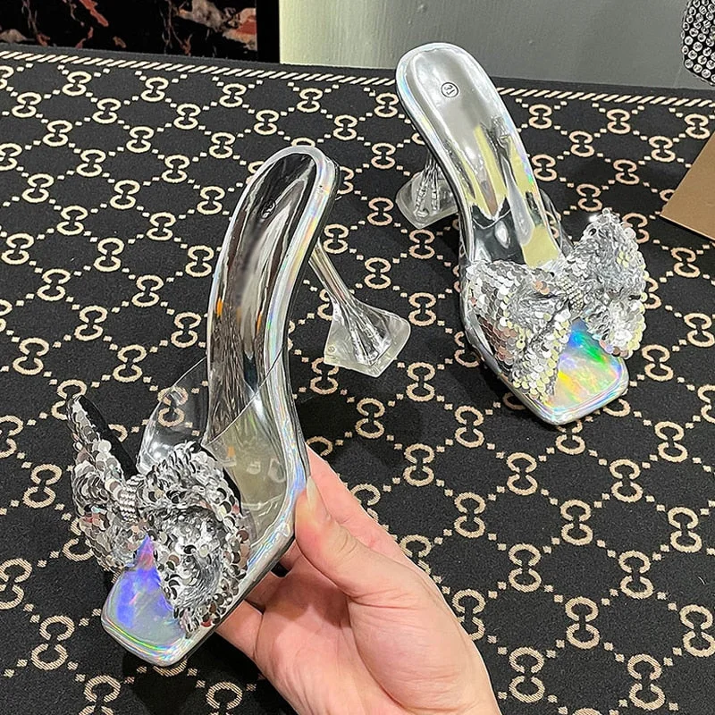 Transparent PVC Crystal Clear Heeled Women Slippers Fashion Fish Scales Bow High Heels Female Mules Slides Summer Sandals Shoes