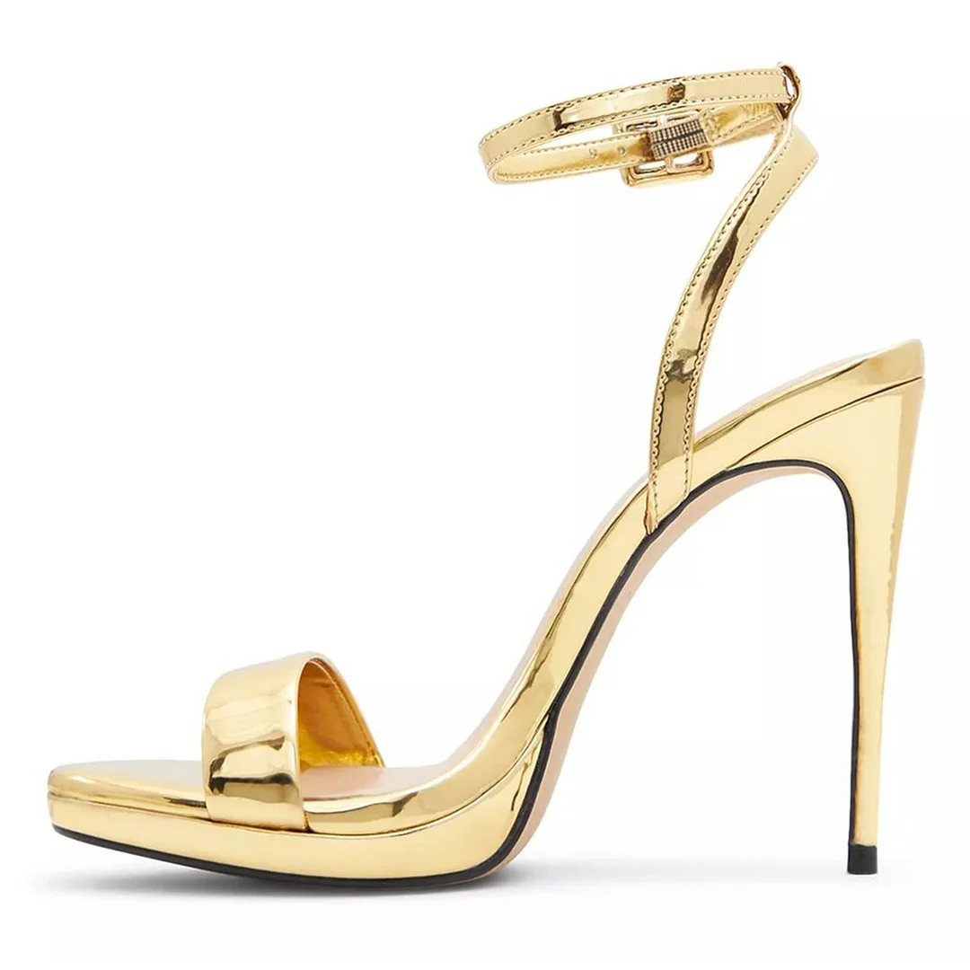Round Toe Stiletto Heel Buckle Gold Sandals for Women with Platform