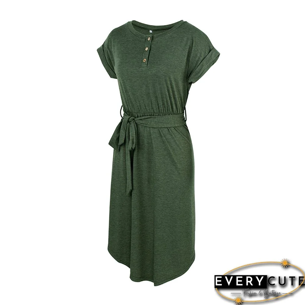 Green Button Up Tie Waist Short Sleeve Knit Dress