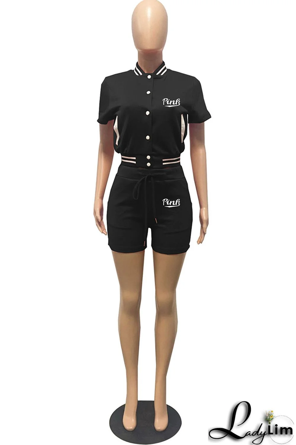 Black Casual Letter Print Patchwork O Neck Short Sleeve Two Pieces