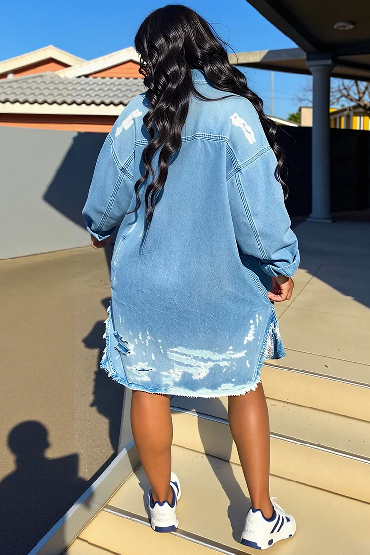 Plus Size Daily Blue Shirt Collar Long Sleeve Pocket Casual Ripped Denim Shirt Dresses [Pre-Order]