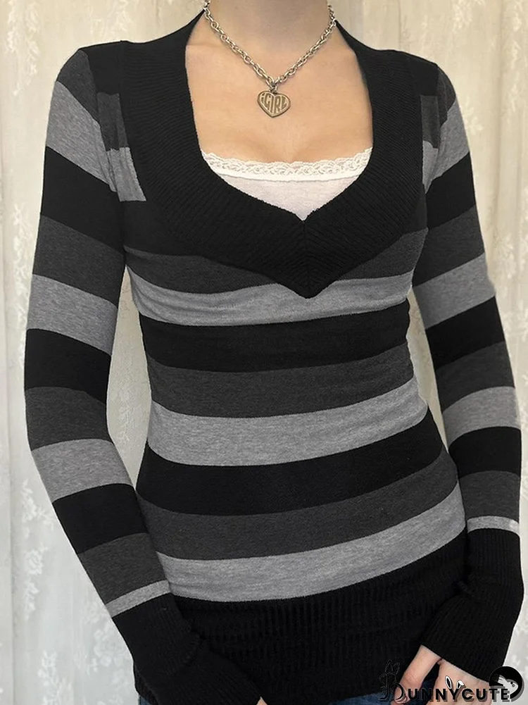 Stripe Splice V Neck Slim Sweater