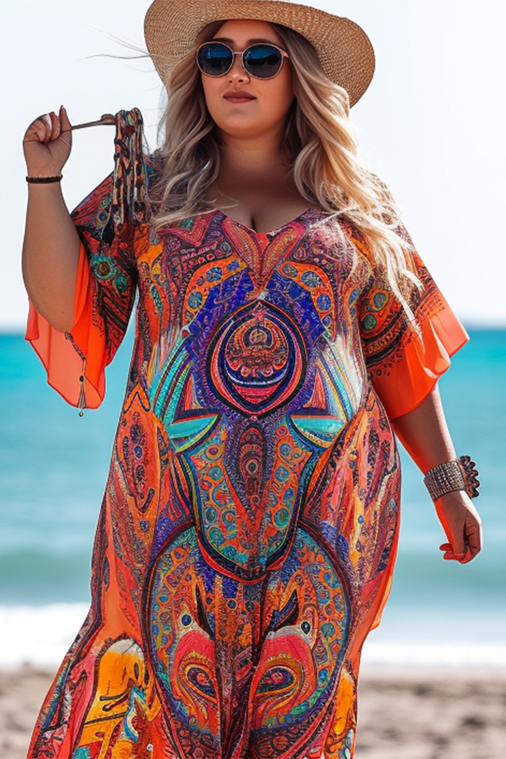 Design Plus Size Vacation Ankara Print Cover Ups V Neck Side Split Loose Maxi Dress [Pre-Order]