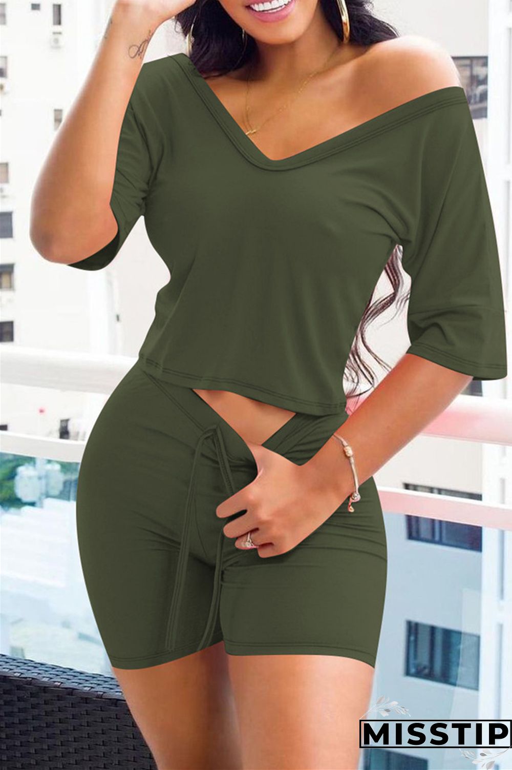 Ink Green Fashion Casual Solid Basic V Neck Half Sleeve Two Pieces