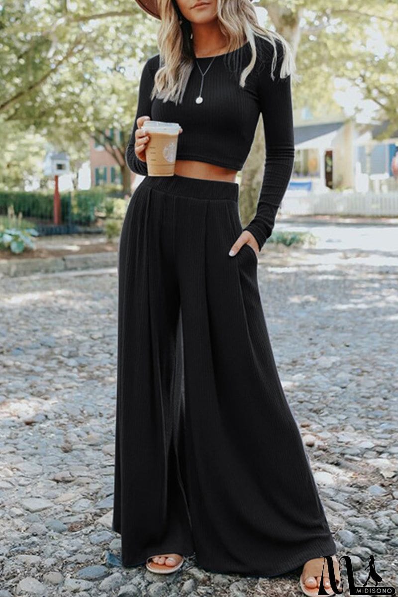 MidiSono - Fashion Solid Patchwork O Neck Long Sleeve Two Pieces