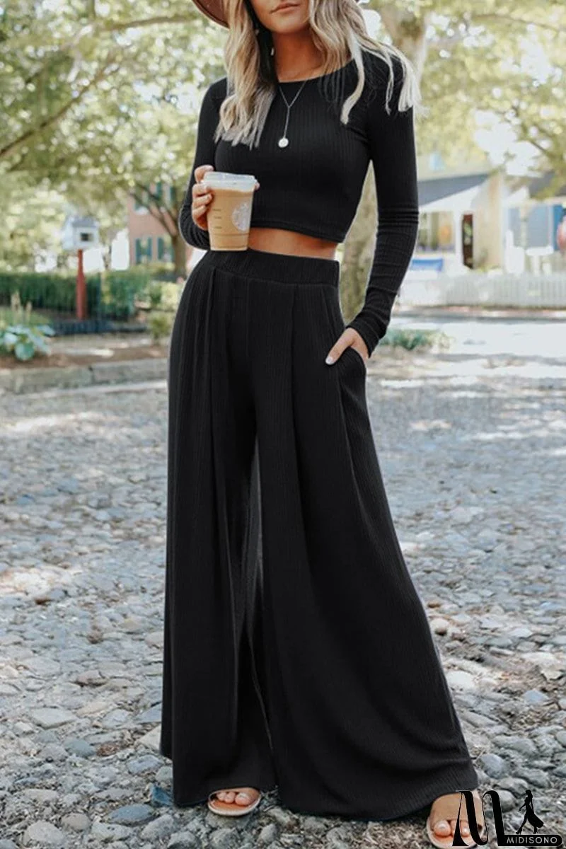 MidiSono - Fashion Solid Patchwork O Neck Long Sleeve Two Pieces