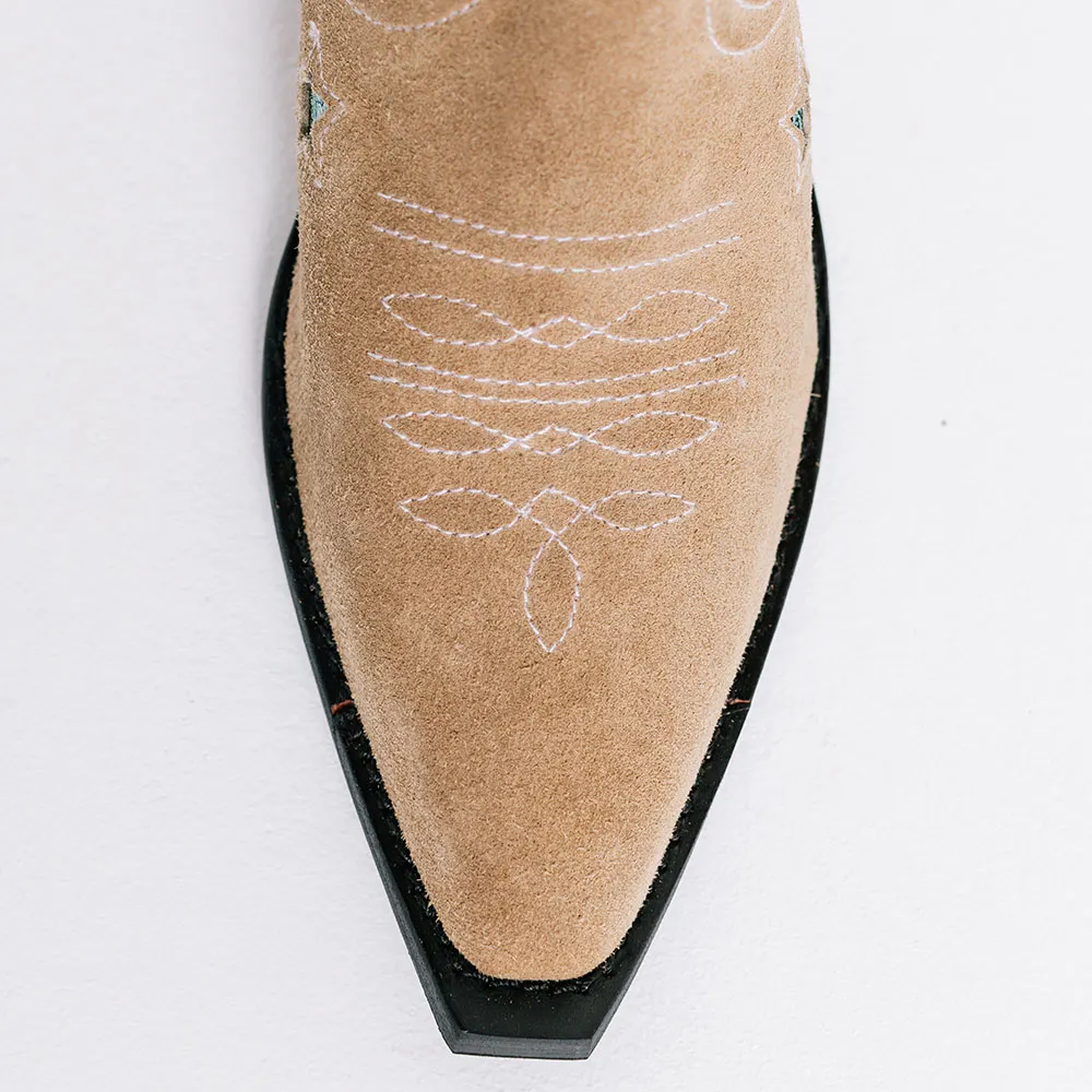 Nude Snip Toe Star Cut-Out Chunky Heel Wide Calf Cowgirl Boots