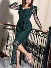 Gauze Sequinned Bandage Long Sleeves V-Neck Evening Dress