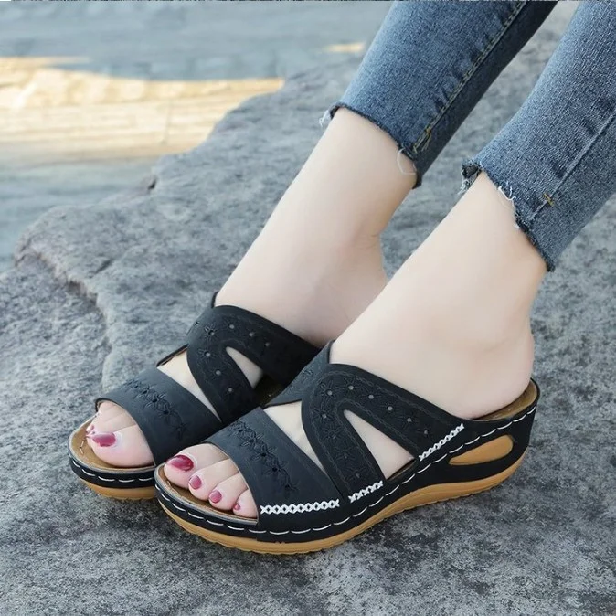 Colourp Colourp Cool Slippers Female Slope Heel Fish Mouth Thick Size Shoes Multi-Color Embroidered Cool Drag Female