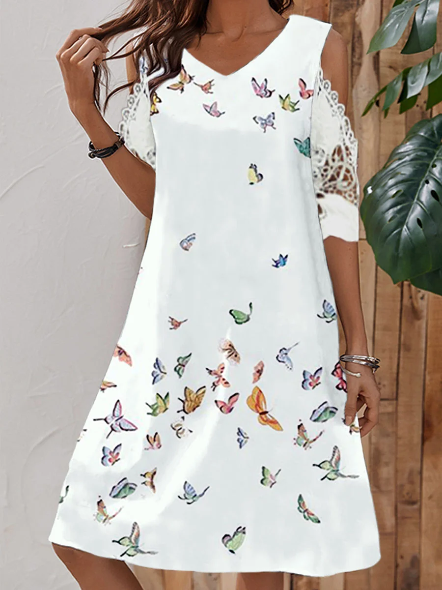 V-neck Butterfly Floral Print Midi Dress
