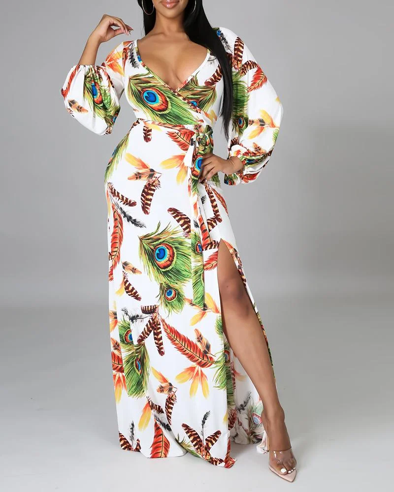 Tropical Print Long Sleeve High Slit Maxi Dress