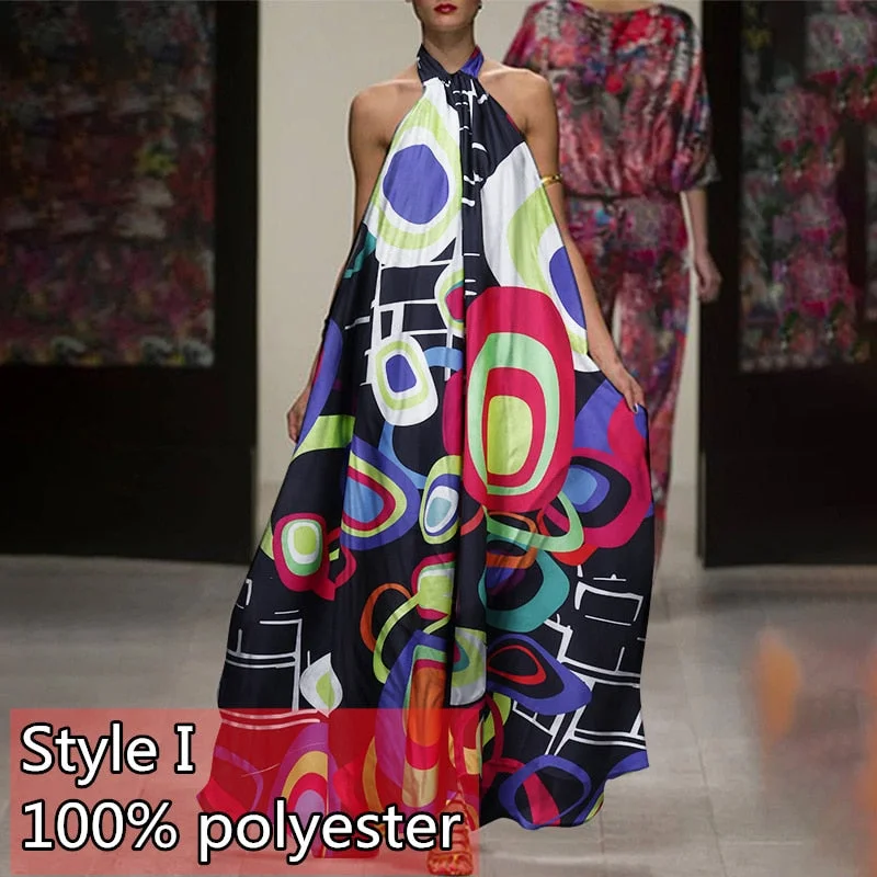 Summer Halter Print Dress Women Celmia Casual Sleeveless Ruffles Floral Maxi Sundress Sexy Backless Beach Party Bohemian Vestido