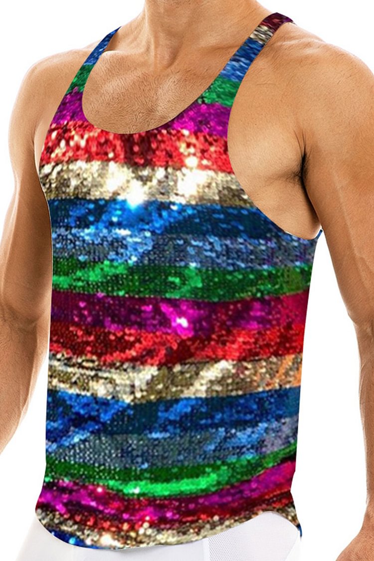 Men's Rainbow Striped Prints Hollow Out Sleeveless Tank Top [Pre-Order]