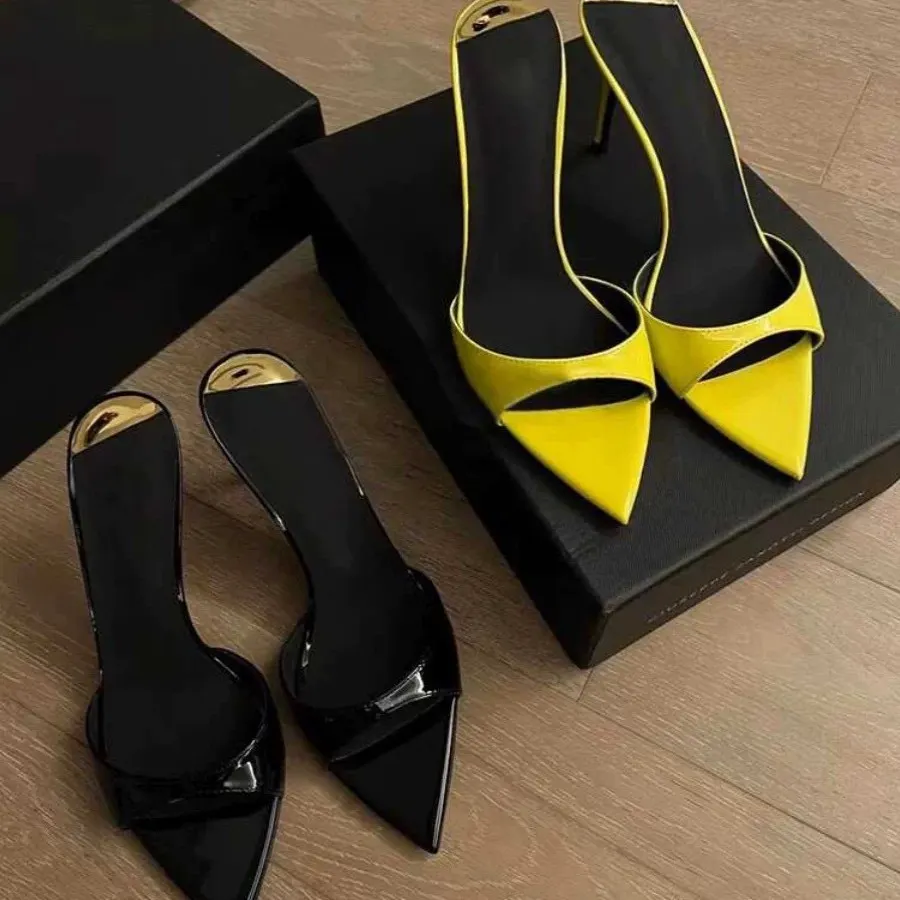 Breakj Breakj High-Heeled Shoes 2025 New Female Summer Fine Heel One-Word Drag Patent Leather Sexy Black Outer Wear Cold Slippers