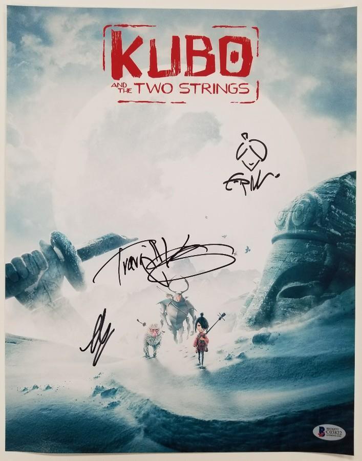 KUBO and the TWO STRINGS Cast(3) Signed 11x14 Photo Poster painting Parkinson Knight Beckett COA