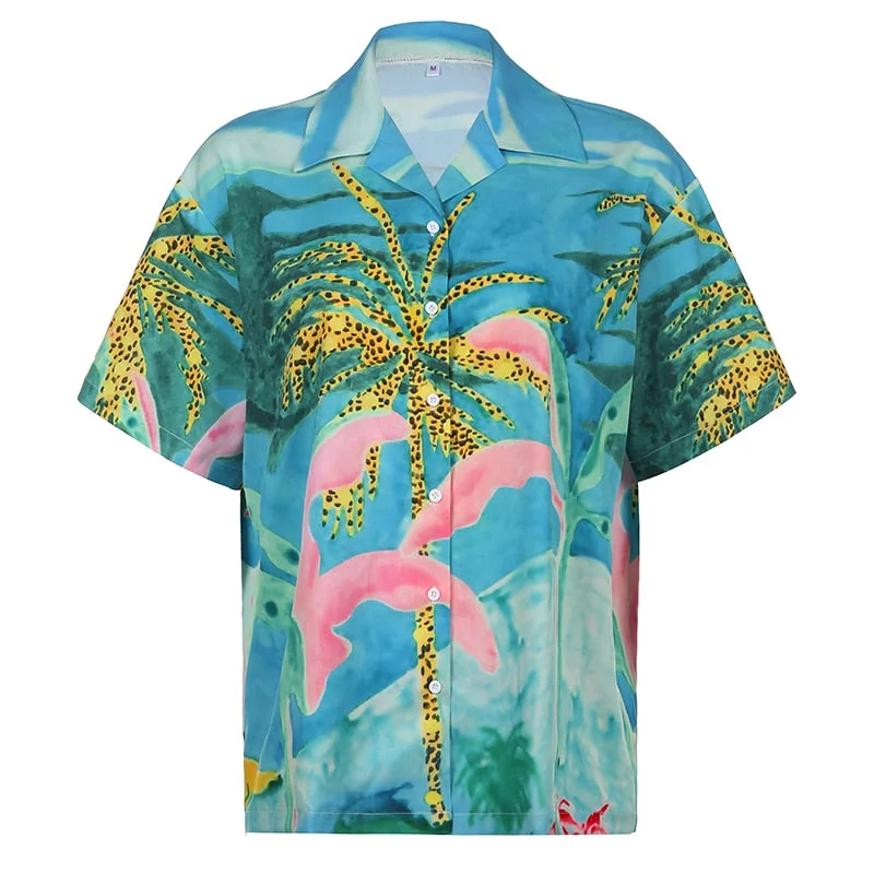 BIIKPIIK 2022 Summer Beach Style Oversized T-shirt Women Buttons Turn-down Collar Short Sleeve Tops Loose Casual Vacation Blouse